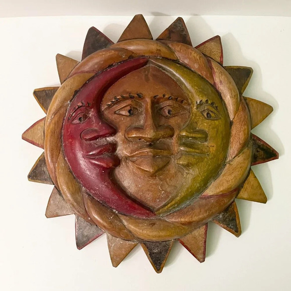 Vintage Wooden Carved Sun Moon Unity Wall Plaque 16 Inch Art - Picture 6 of 12